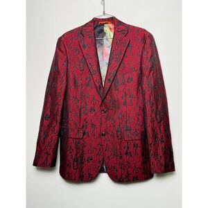 TALLIA Mens Red Black Asian Character Brocade Blazer Jacket Size 40R